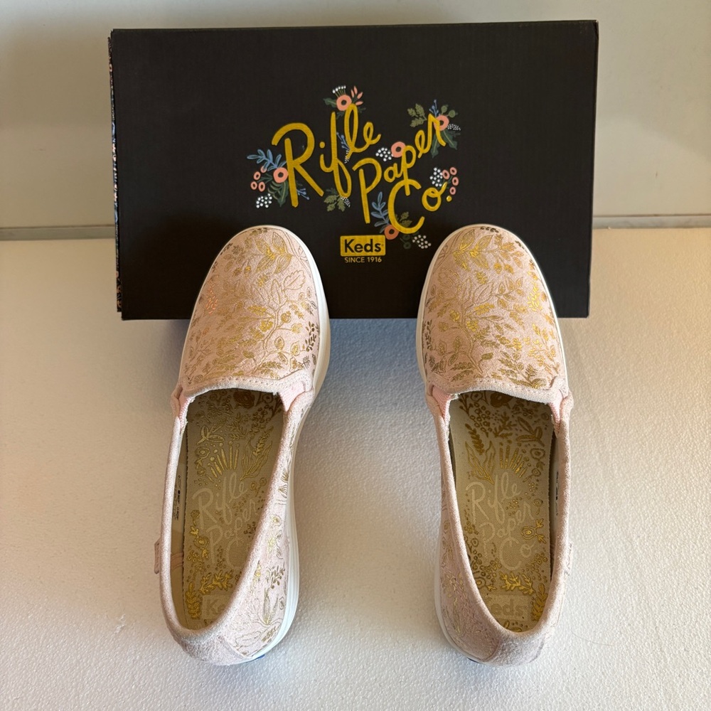 Keds x Rifle Paper Co Triple Decker WPink/Gold Floral Slip On Shoes, Size 5.5